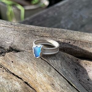 Cornflower blue sea glass sterling & fine silver thick band